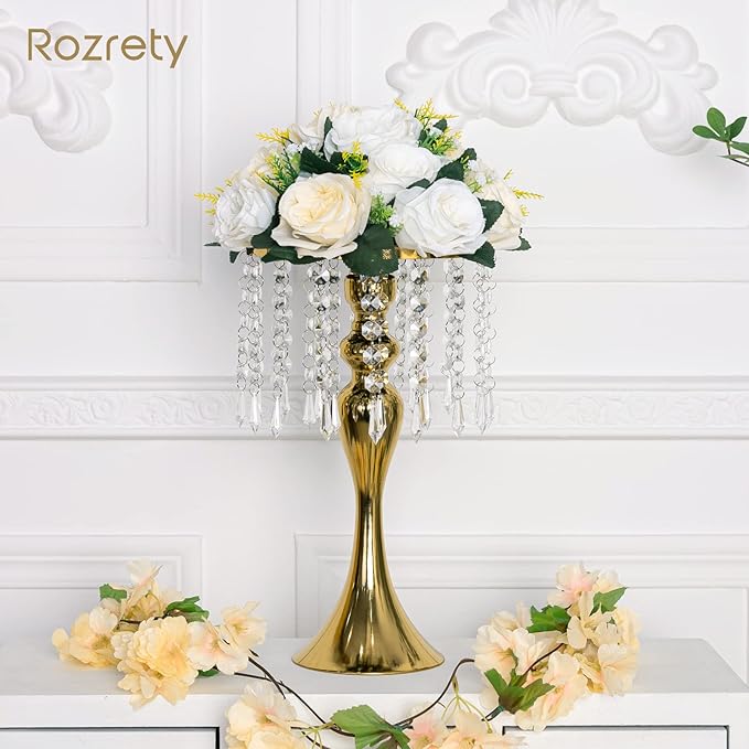 4 Pcs Gold Vases for Centerpieces, 13.5 inch Tall Crystal Flower Stand Wedding Centerpieces for Tables Decorative Metal Flower Vase for Party Anniversary Ceremony Birthday Event Home Decor