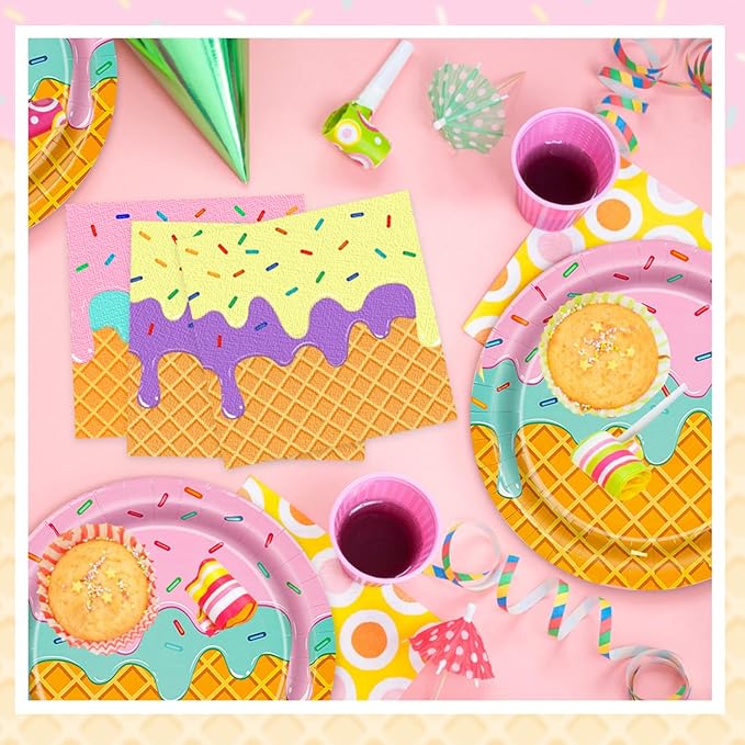T-Antrix 40 Pcs Ice Cream Party Supplies, Disposable Ice Cream Paper Plates and Napkins Tableware Set for Kids & Girls Birthday, Baby Shower & Themed Parties Serves 20