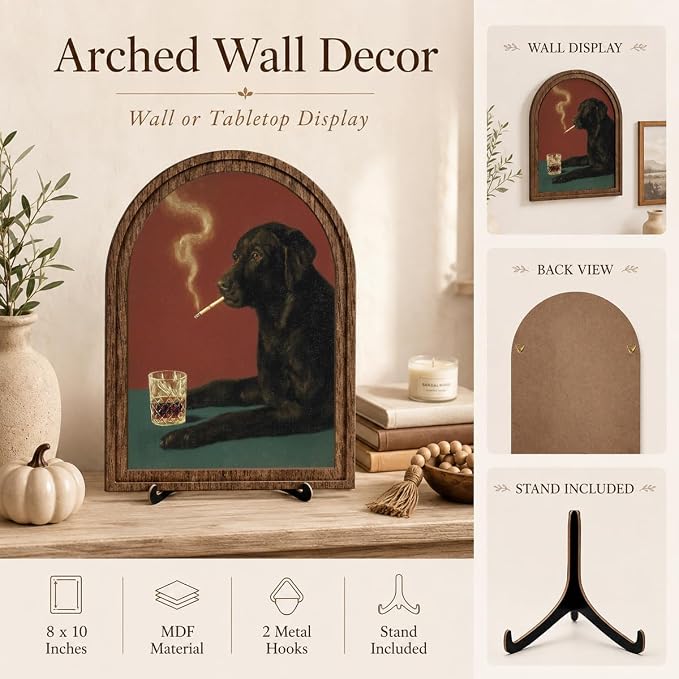 Vintage Animal Portrait Tabletop Decor Sign,Smoking Dog Poster, Black Dog Artwork in Arched Wooden Frame with Stand for Living Room Bedroom Desk Shelf Display, Moody Home Decor