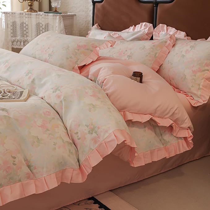LifeTB Girls Duvet Cover Pink Ruffle Duvet Cover Twin Vintage Flower Bedding Set 100% Cotton Romantic Lace Comforter Cover Princess Bedding Botanical Flower Comforter Cover Aesthetic Lace Bedding Set