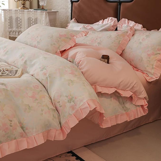 Pink Ruffle Duvet Cover Set Queen 100% Cotton Vintage Floral Comforter Cover Girls Flower Duvet Cover Romantic Princess Bedding Lace Comforter Cover with Zipper Ties Breathable Floral Bedding Queen