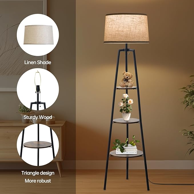 EOEYYOYB 3 Tier Shelf Floor Lamps for Living Room, Modern Standing Lamp with 3 Color Temperature Led Bulb, Tall Lamps for Bedroom and Office, Vintage Yellow