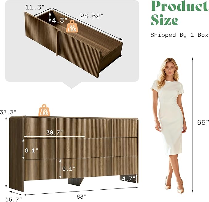 AMERLIFE 63" Fluted 6 Drawer Dresser, Wide Modern Chest of Storage Drawers with Pine Handles, Rounded Corners & Anti-Tip, Wood Drawer Organizer for Cloth, Bedroom, Living Room, Hallway, Dark Walnut