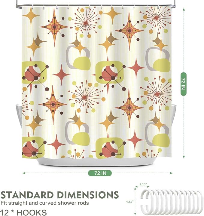 Mid Century Shower Curtain, 72x72inch, Modern Abstract Retro Yellow Striped Geometric Shower Curtain Sets 1950s Boho Bathroom Shower Curtain with 12 Hooks