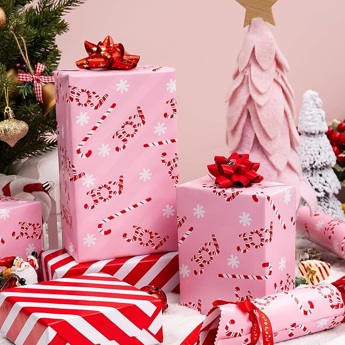 MAYPLUSS Christmas Gift Wrapping Paper Roll - 17 Inch X 33 Feet - Reversible Pink Candy Cane and Stripe Design for Winter Gift Wrap, DIY Craft, Christmas, Party, Holiday and Birthday