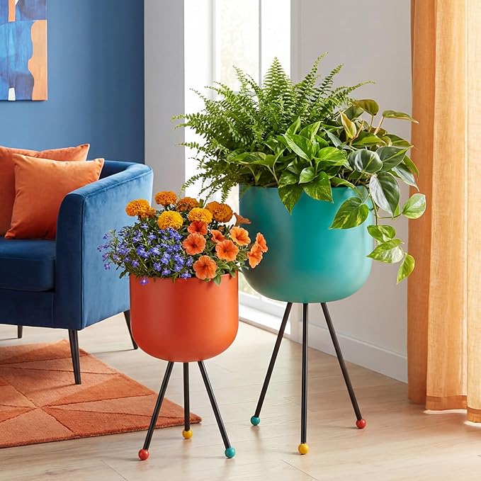 Frienda 2 Pack Mid Century Modern Decor Mid Century Modern Planter Metal Flowerpot with Stands Stylish Floor-Standing Flowerpot for Boho Home Office Indoor Outdoor Decor 20", 18" h(Orange, Blue)