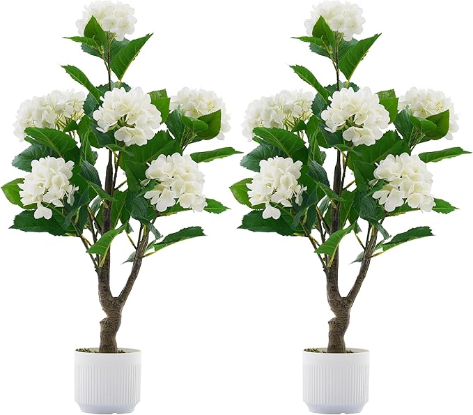 Artificial Hydrangea Tree 2 Pack, 3FT Faux Hydrangea Plant in Pot with White Flowers, Greenery Potted Plant for Indoor Outdoor Office Home Porch Decor, White