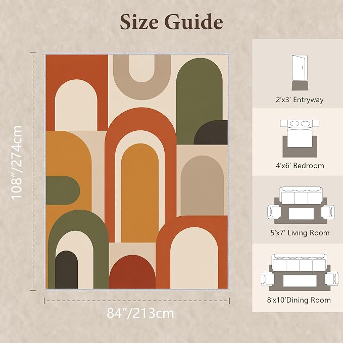 Mid Century Arch Area Rug 7x9, Terracotta Geometric Abstract Rug, Retro Modern Color Block Washable Low Pile Non Slip Rug for Living Room Bedroom