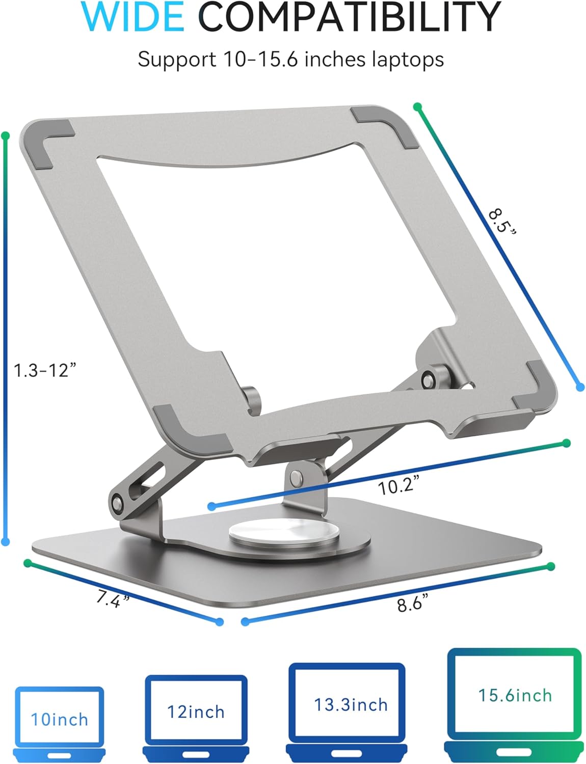SOUNDANCE 360 Rotating Laptop Stand - Ergonomic Adjustable Height Metal Holder | Portable Silver Grey