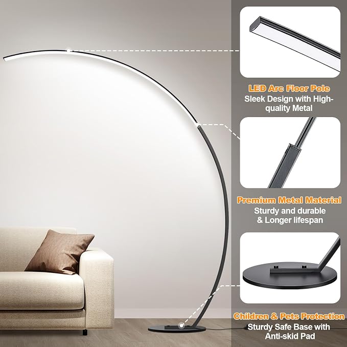 Nintiue Dimmable Floor Lamp with 3 Color Temperatures, Super Bright Arc Floor Lamps for Living Room, Modern Standing Tall Lamp with Remote Control Reading Floor Lamp for Bedroom Office.