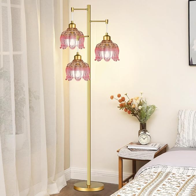 QIYIZM Pink Floor Lamp for Living Room,Bedroom,Gold Mid Century Modern Standing Lamp Brass Tree 3 Light Tall Floor Lamps Vintage Retro Floor Lights Glass Flower Lamp Shade Girls Kids Boho Bohemian