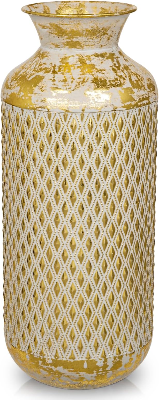 Flower Vase Rustic Metal Vases, 16" Gold Vintage Pattern Vase for Farmhouse Home Décor Artificial Flowers and Centerpieces