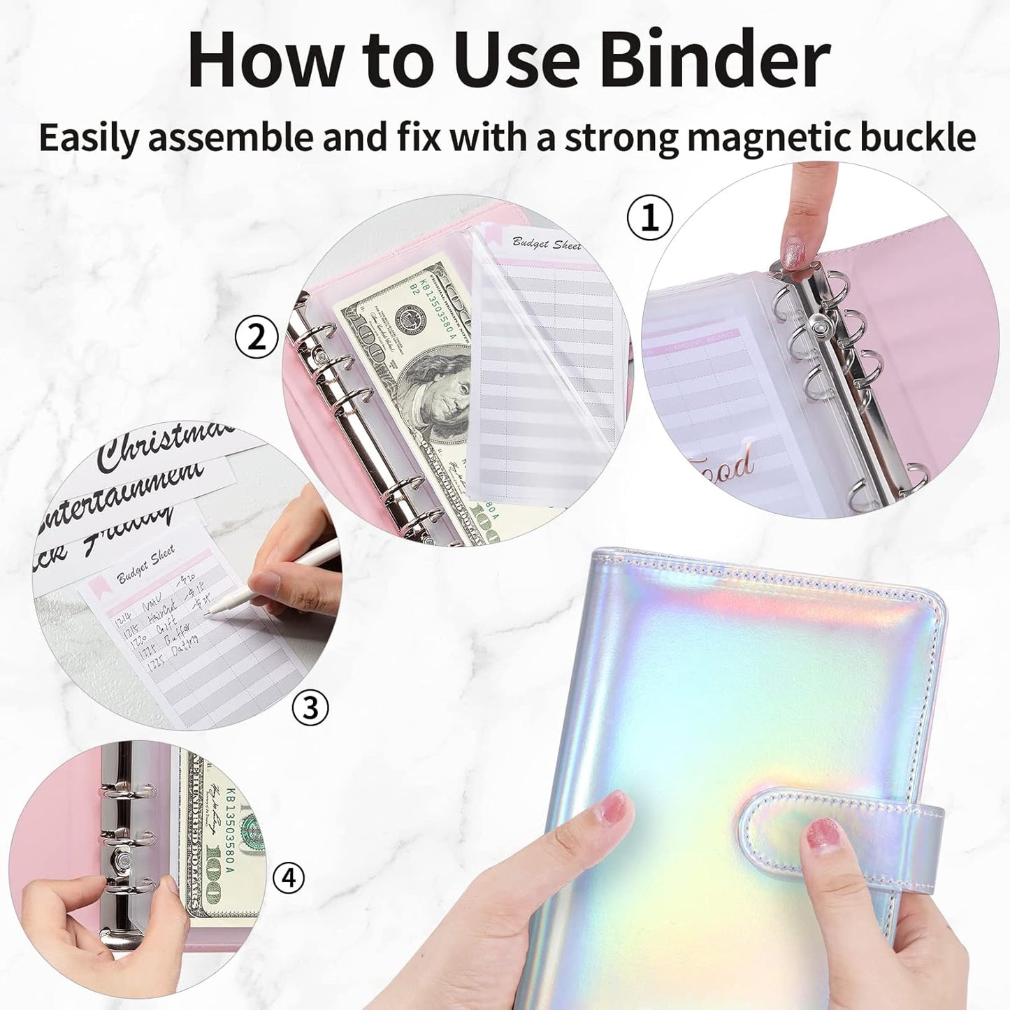 Sooez Money Organizer - A6 Leather Budget Binder with Zipper Envelopes & 43 Rose Gold Labels | Laser Pink