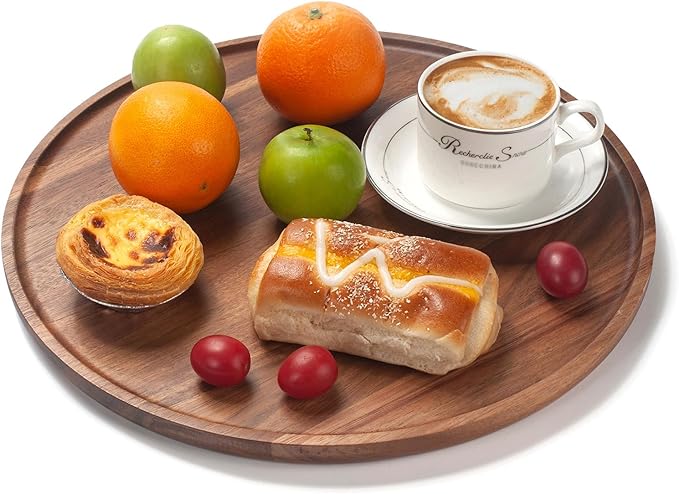 Round Wood Tray, Acacia Wooden Decorative Serving Tray for Coffee Table and Home Decor, Wooden Appetizer Charcuterie Board for Kitchen Countertop (13.8 inch)