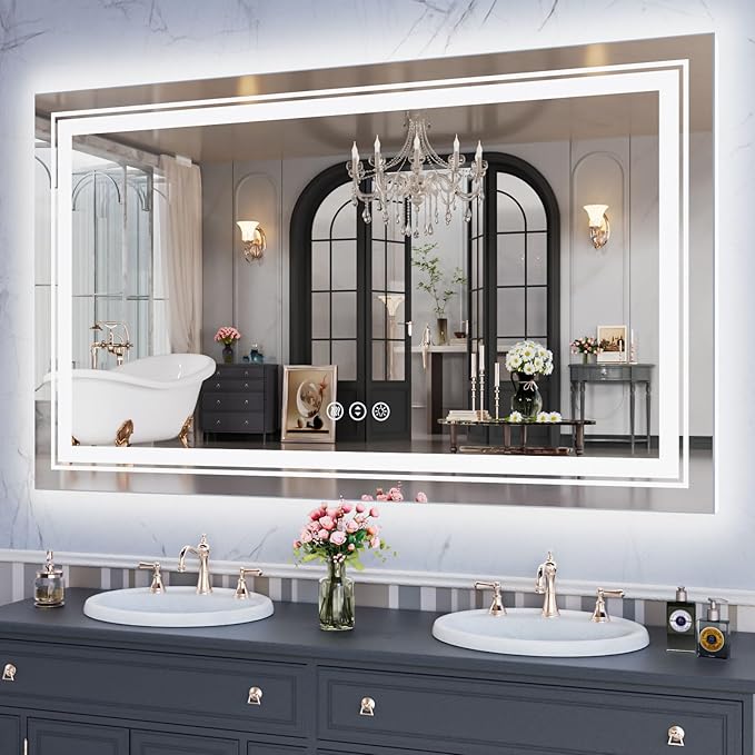 WTTY LED Bathroom Mirror with Backlit and Front Light,40"x24",Stepless Dimmable LED Mirror for Bathroom,Anti-Fog Lighted Bathroom Vanity Mirror Modern for Wall,Memory Function,Shatter-Proof