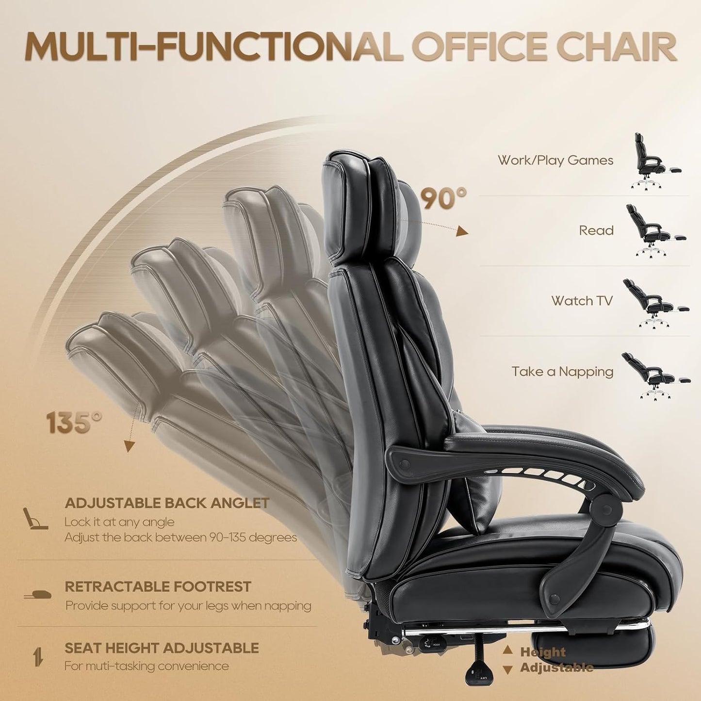 Skiennix High Back Office Chair - Ergonomic Bonded Leather with Adjustable Headrest & Footrest | Black