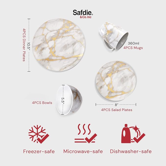 Safdie & Co 16-Piece Modern Premium Porcelain Ceramic Dinner Set, Lightweight Designed, Stackable, in Gold Marble/Gray Finish