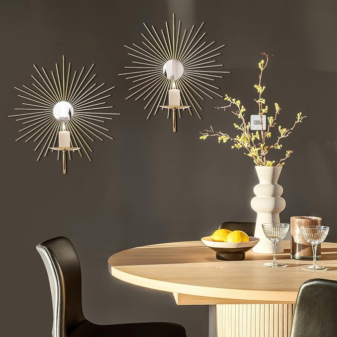 2 Set Candle Sconces Wall Decor for Living Room Metal Sunburst Mirrored Modern Gold Wall-Mounted Candle Holder Sconces Hanging Mounted Fireplace Farmhouse Wedding