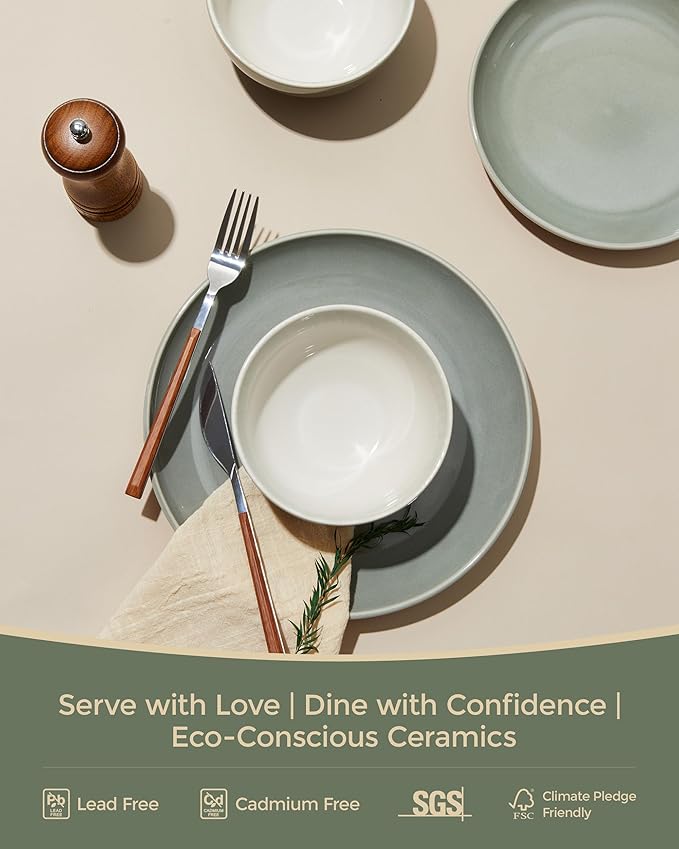 Pokini Stoneware Dinnerware Sets for 6, Microwave Safe Plate and Bowl Set, Easy to Clean & Durable Dishes Sets for Small to Medium Families, Gray Green