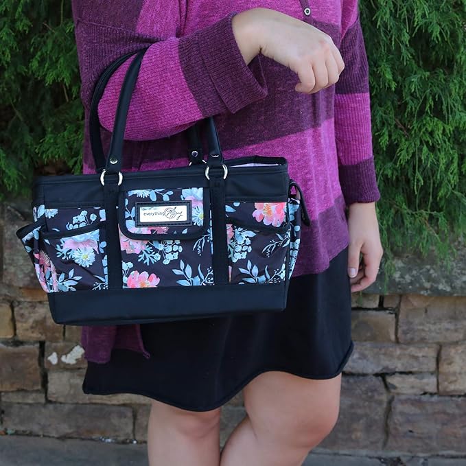 Everything Mary Deluxe Store & Tote Organizer – Black & Floral Craft Bag with Handle – Sewing, Scrapbooking & Art Supply Caddy – Stylish Storage for DIY Projects