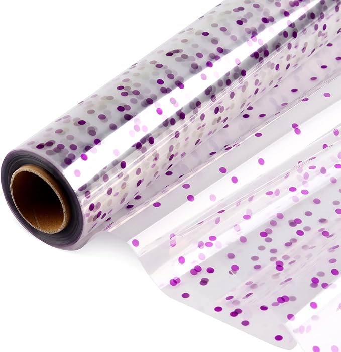 CMFYHM Clear Cellophane Wrap Roll with Violet Polka Dots | 34" x 100’ | 3 Mil Transparent Cellophane Roll,Cellophane Wrap for Lavender theme Baskets, Gifts, Treats,Crafts, Thanksgiving Day ,Halloween Wrapping