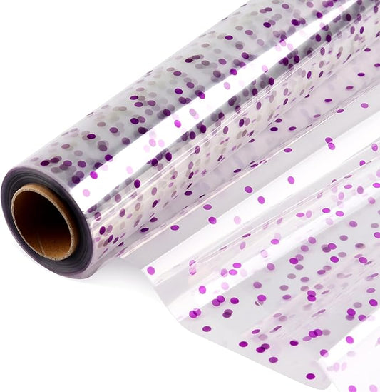 CMFYHM Clear Cellophane Wrap Roll with Violet Polka Dots | 34" x 100’ | 3 Mil Transparent Cellophane Roll,Cellophane Wrap for Lavender theme Baskets, Gifts, Treats,Crafts, Thanksgiving Day ,Halloween Wrapping