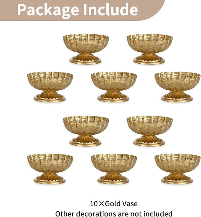 NUPTIO Small Gold Vases for Centerpieces: Brass Compote Vases for Flowers - Metal Pedestal Bowl Decor for Wedding Table Home Set of 10