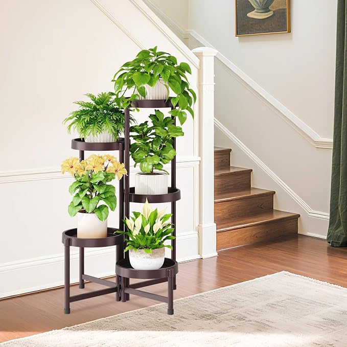 iDavosic.ly 5 Tier Folding Plant Stand Indoor Outdoor with Plastic Tray, Tiered Corner Flower Holder Shelf, Metal Orchid Display Rack for Patio Porch Living Room Garden Balcony, Bronze