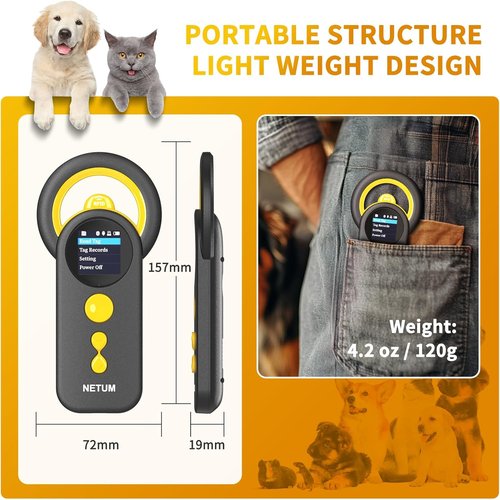 NETUM Bluetooth Pet Microchip Reader - 3-in-1 Wireless Scanner with 1.44" TFT Screen & 1200mAh Battery