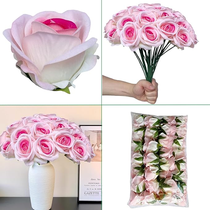 FagusHome 30 Pcs Silk Rose Artificial Flowers Roses Bulk Bouquet Fake Flowers Rose Heads with Stems for Home Wedding Decor (Pink)