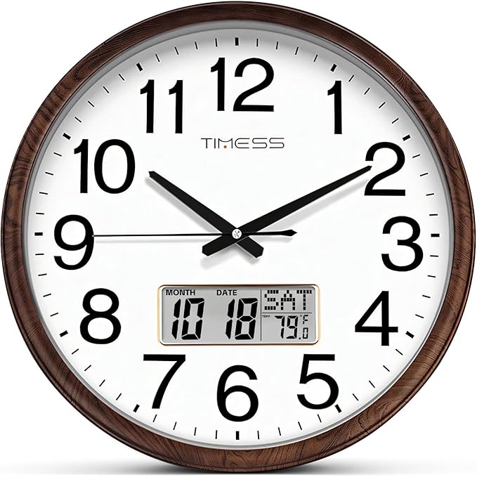 TIMESS Wall Clock, Classic Wood Style Finish, 13 Inch Non-Ticking Silent Battery Operated Quartz Analog with Perpetual Calendar and F° Temperature Display, Home, Office Décor (Chestnut Brown)