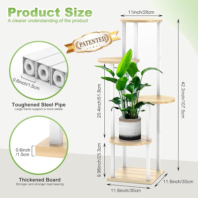 5 Tier Wood Tall Plant Stand Metal Rack Indoor, Multiple Flower Pot Holder Shelves Corner Rack, Round Planter Shelf Display Rack Storage Organizer for Patio Living Room Balcony(White+Oak)
