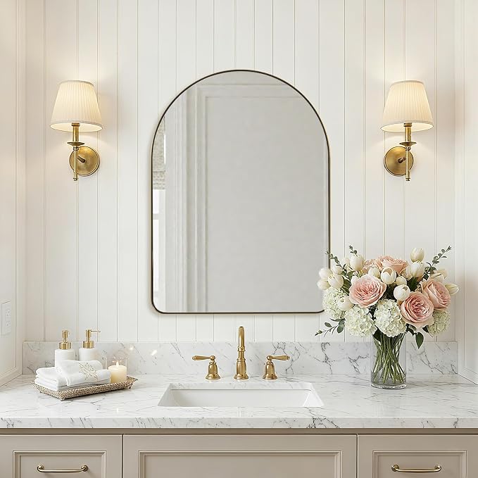 ANDY STAR Arched Mirror, 22 x 30 Inch Gold Wall Mirror in Stainless Steel Metal Frame, Arch Top Rounded Corner 1 Inch Deep Set Design Wall Mount Hangs Vertical