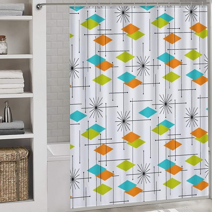 Mid Century Modern Shower Curtain,Retro Abstract Atomic Starburst Geometric Diamond Pattern Shower Curtains Set for Bathroom Fabric Decorative Bath Curtain Washable Curtain Hooks, 72”x72”