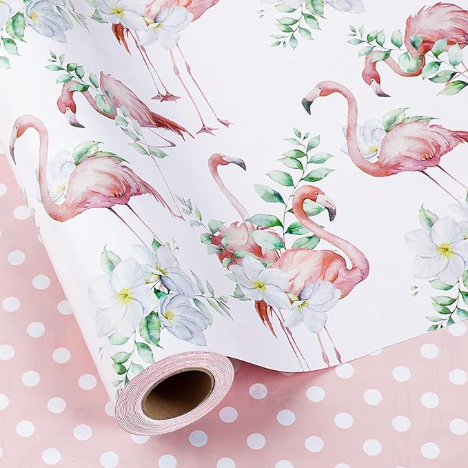 Burymento Reversible Pink Flamingo Plumeria Wrapping Paper Roll - Pink and white polka dot design on the other side, suitable for Valentine's Day, Birthday, Mother's Day, Wedding, Baby Shower