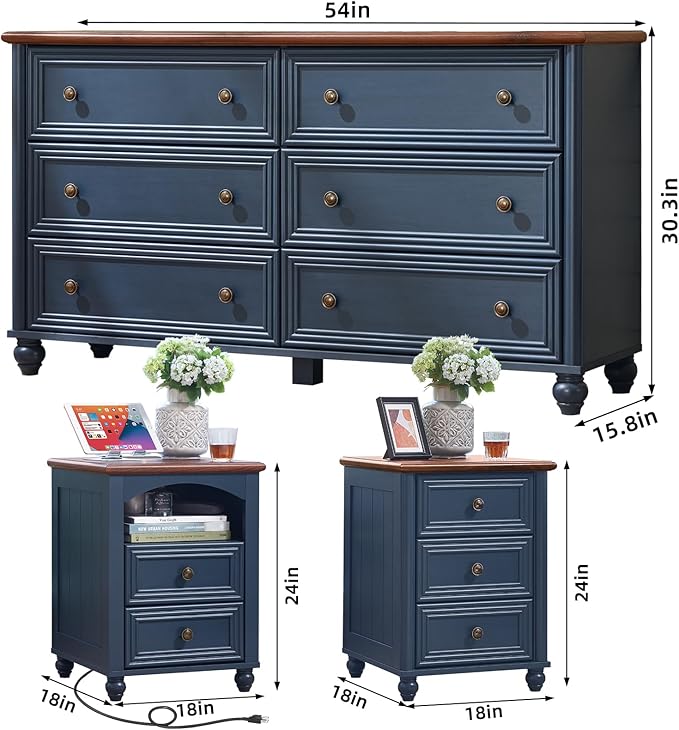 Dressers & Night Stand Set of 3, Wood 54'' Wide Dresser & 18'' Chest of Drawers, Roman Column 2 & 3 Drawer Nightstand Set of 2, Furniture 6 Drawer Dresser Suites for Bedroom Living Room, Hallway, Home