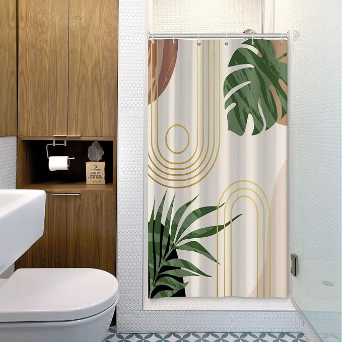 Boho Sage Green Shower Curtain Bohemian Mid Century Geometric Abstract Curve Bathroom Curtain Palm Leaf Polyester Shower Curtain Sets for Bathroom Extra Long 54x72 in with 10 Hooks