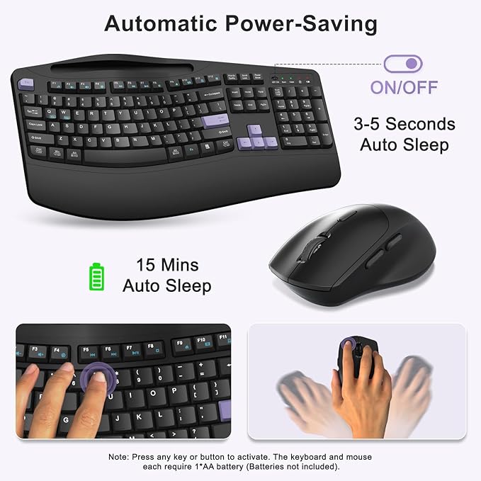 Wireless Keyboard and Mouse Combo, 2.4G Full Size Wave Keys Ergonomic Keyboard with Wrist Rest, Phone Holder, 3-Level DPI Wireless Silent Mouse with 6-Buttons, for Windows, Mac OS (Purple Black)