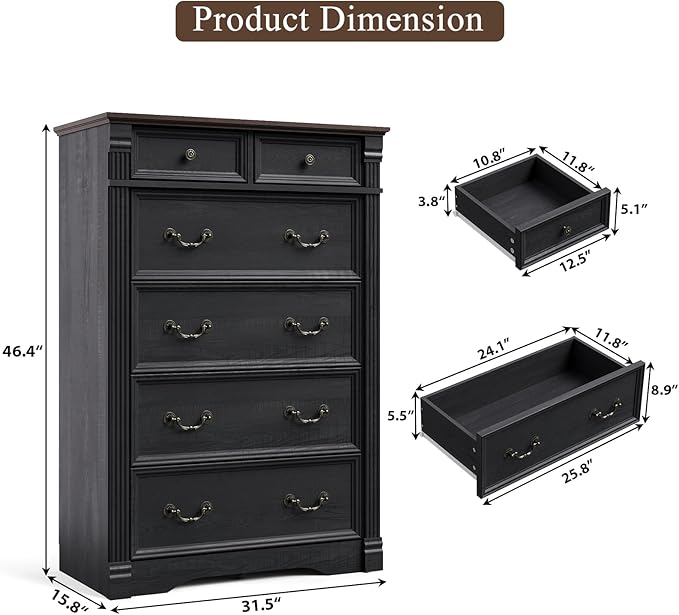Black 6 Drawers Dresser, 47" Tall Dresser for Bedroom, Wood Rustic Tall Chest of Drawers with Chic Wood Pilasters, Farmhouse Dressers Organizer for Bedroom, Hallway
