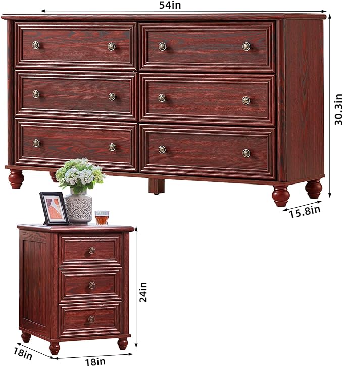 Farmhouse Dressers & Night Stand Set of 3, Wood 54'' Wide Dresser & 18'' Chest of Drawers, Roman Column 3 Drawers Nightstand Set of 2, Bedroom Furniture Dresser Suites for Living Room, Hallway Home