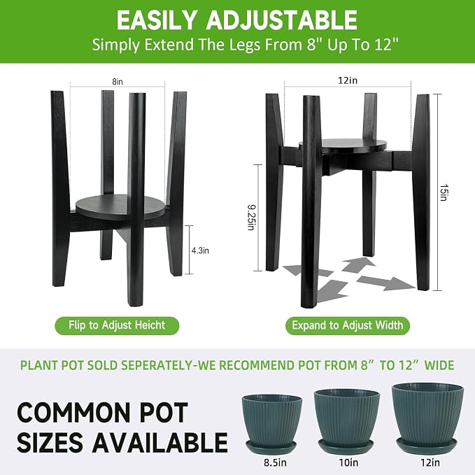 2 Packs Adjustable Plant Stand with Tray,Indoor Wood Plant Stand Fit 8'' to 12'' Planter,Mid Century Modern Flower Pot Holder Rack(Plant and Pot Not Included) Black