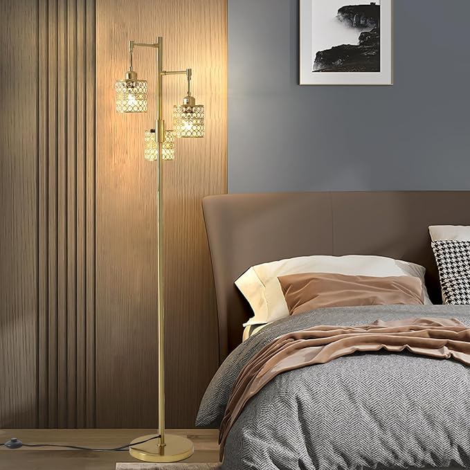 Industrial Floor Lamp,Dimmable Floor Lamp,Gold Tree Lamp Standing Lamp Tall Pole Lamps with 3 Elegant Crystal lampshades for Living Room Bedroom Office, Indoor