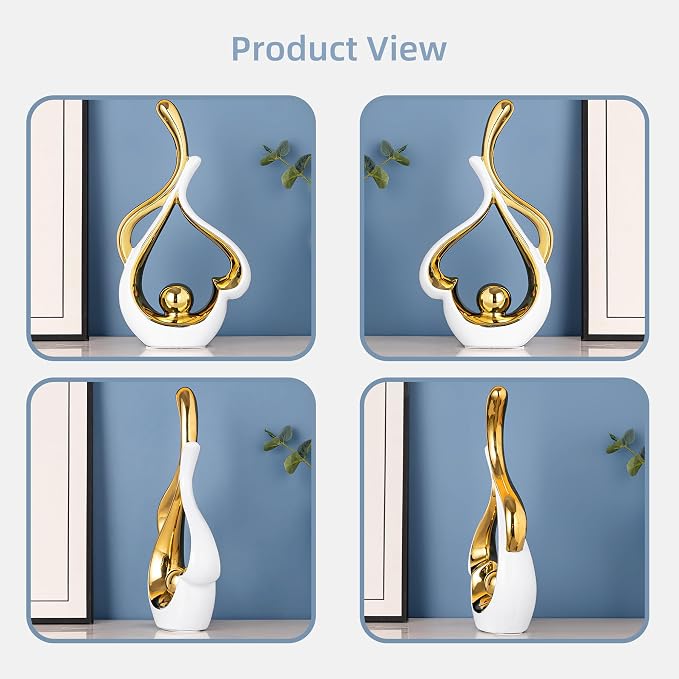 Gold Statue Decor for Living Room, Abstract Sculptures Home Decor, Modern Table Ceramic Decor, Heart Shape Table Centerpieces for Dining Room, White and Gold Decoration for Shelves