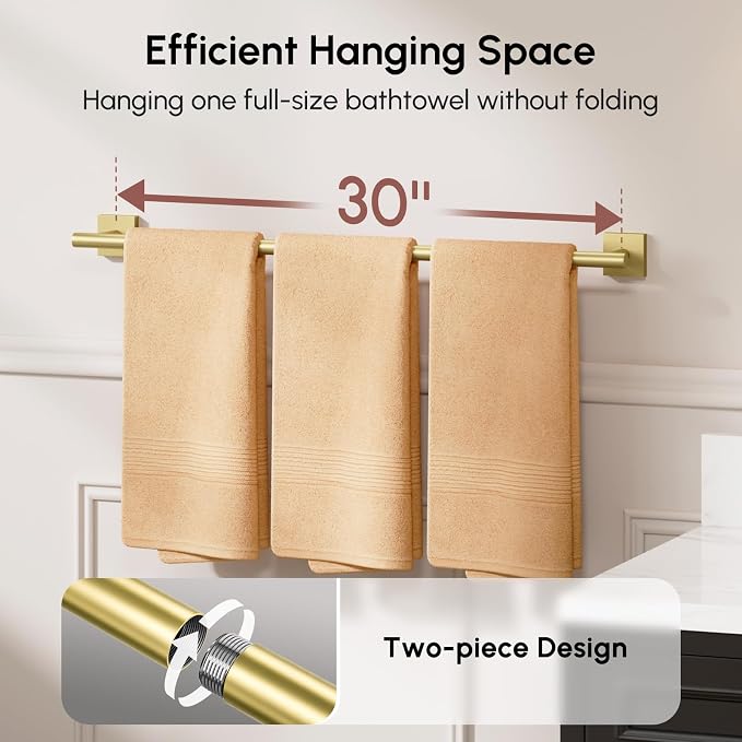 USHOWER Brushed Gold Bath Towel Bar, 30 Inch Towel Racks for Bathroom Wall Mounted, 304 Stainless Steel Towel Holder with Square Base, Modern Home Decor (Total Length 32 Inch)