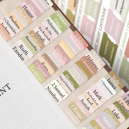 FINPAC Bible Index Tabs - 75 Laminated Tabs for Old & New Testament Study | Boho Theme, 66 Named & 9 Blank