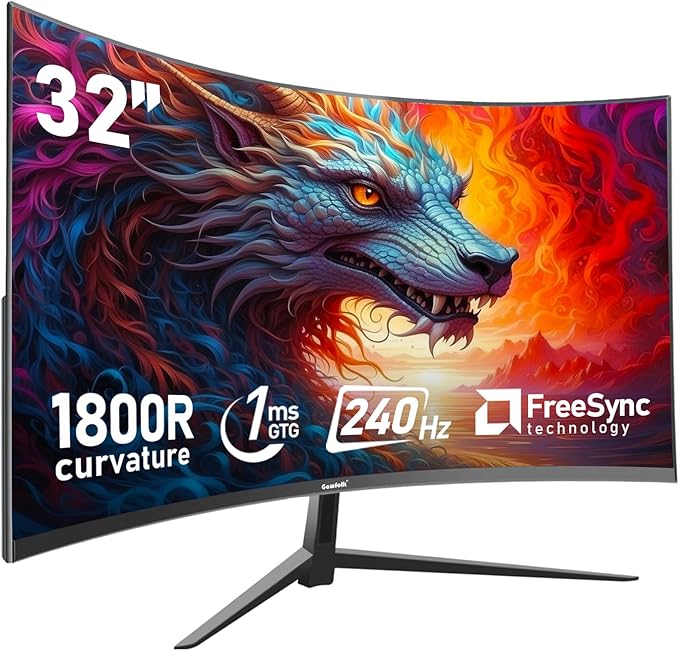 Gawfolk Curved 32 inch Gaming Monitor 240Hz PC Screen Full HD 1080P, Frameless 1800R Curved Computer Screen,FreeSync,178° Viewing Angle,Display Port、HDMI 2.0,Wall Mount Compatible 100x100MM-Black
