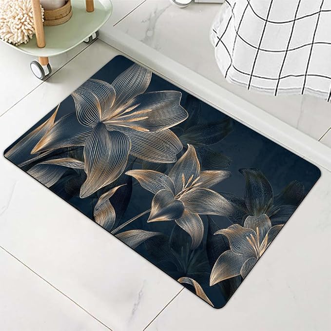 Diatomaceous Earth Bath Mat,Abstract Dark Flowers in Golden line Non-Slip Volume Super Absorbent Fast Drying for Bathroom Kitchen mat,Eco-Friendly Easy to Clean 16×24Inch (40 * 60cm)