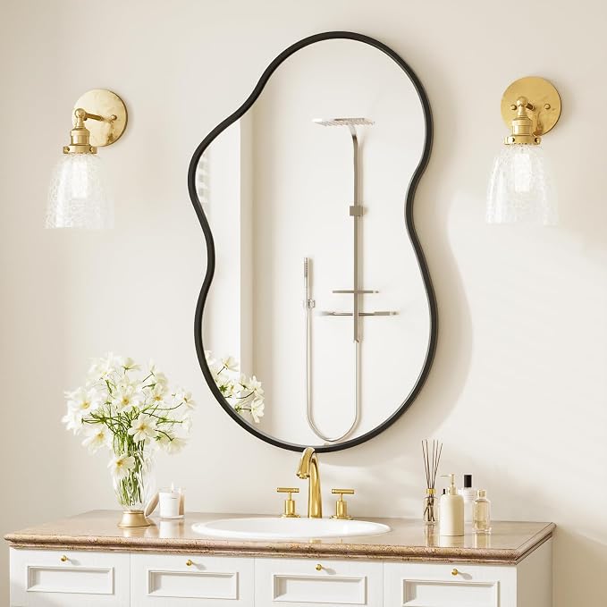 36”x 24” Irregular Wall Mirror, Black Mirrors for Over Sink, Framed Modern Bathroom Mirror, Wall Decorative for Entryway Living Room Bedroom Vanity Asymmetrical Mirror Horizontal/Vertical