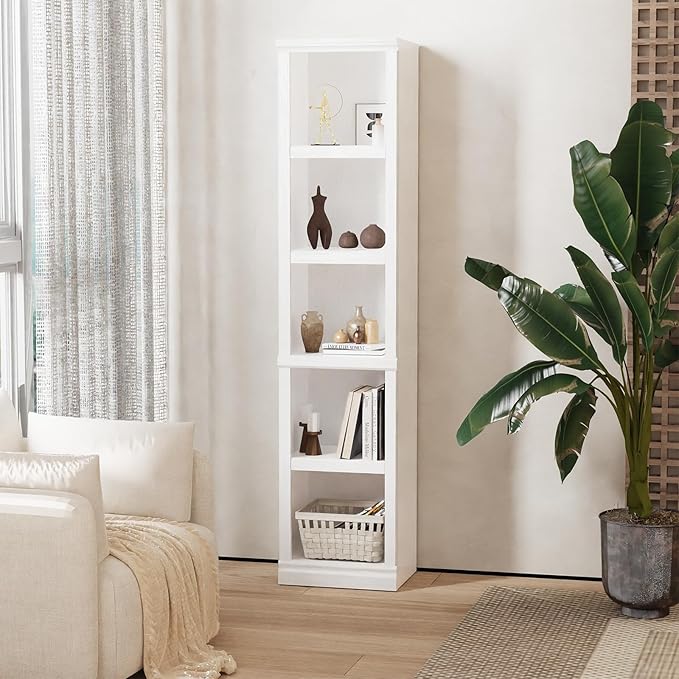 blini 5-Shelf Narrow Bookcase White Wooden Tall Bookshelves Floor Standing Display Storage Shelves Mahogany Bookcase for Home Office, Living Room, Bed Room