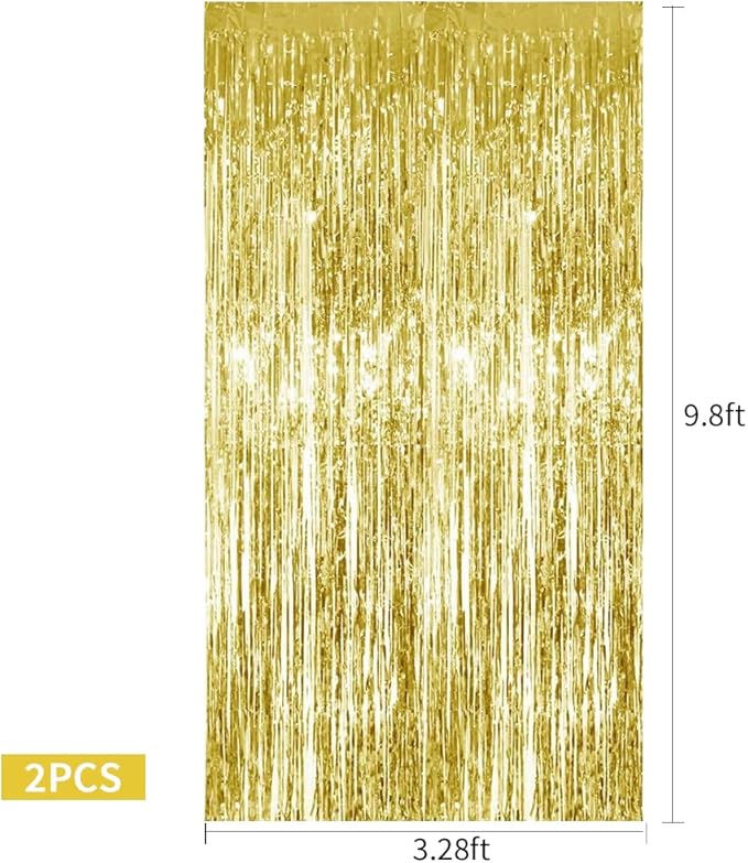 TONIFUL 2Pcs Gold Metallic Tinsel Foil Fringe Curtains,Gold Photo Booth Backdrop Streamer Curtain Photo Booth Props for Bachelorette Party,Birthday,Graduation,Christmas Decor(6.6ft x 9.9ft)